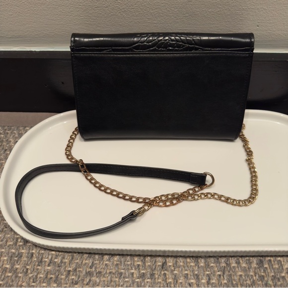 Mistique Black and Gold Fo-Croc-Embossed Wallet Clutch with Chain Detail - Picture 4 of 8